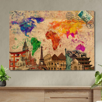 Quadro Mappa Del Mondo Artistica Con Monumenti Iconici E Timbri Vintage Di Viaggio map24 quadro stampato su tela