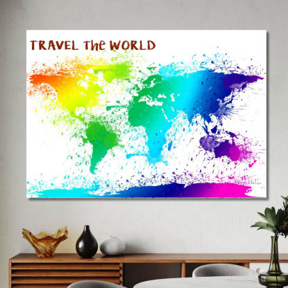 Quadro Mappa Del Mondo Colorata Effetto Acquerello Con Scritte Motivazionali map27 quadro stampato su tela