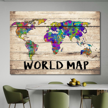 Quadro Mappa Del Mondo Colorata Effetto Acquerello Su Sfondo In Legno Vintage map28 quadro stampato su tela