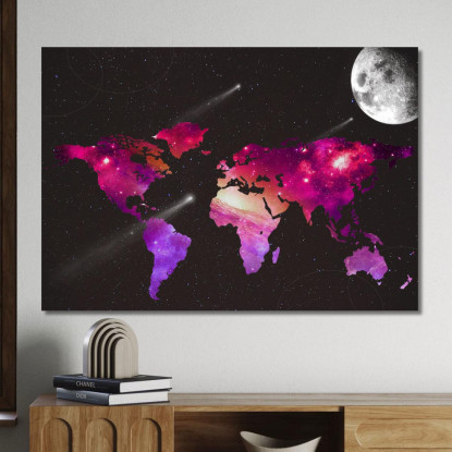 Quadro Mappa Del Mondo Spaziale Con Galassie Stelle E Luna Su Sfondo Nero map35 quadro stampato su tela