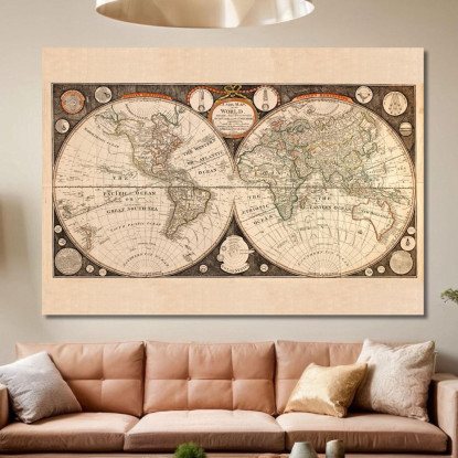 Quadro Mappa Del Mondo Vintage Con Illustrazioni Di Navi E Simboli Cartografici map39 quadro stampato su tela