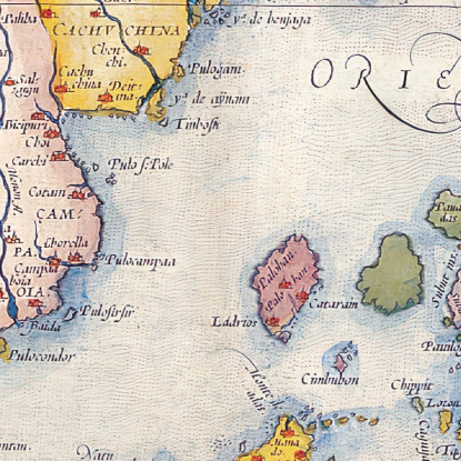 Quadro Mappa Dell'Asia Antica Con Illustrazioni Navi E Creature Mitologiche Su Sfondo Vintage map43 quadro stampato su tela