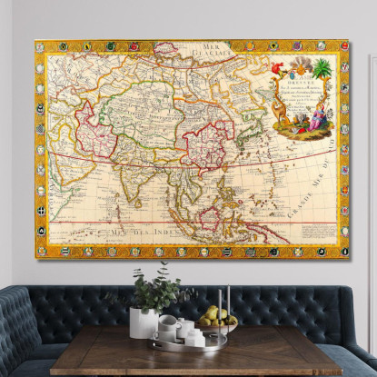 Quadro Mappa Dell'Asia Storica Con Dettagli Cartografici Antichi E Decorazioni Dorate map44 quadro stampato su tela