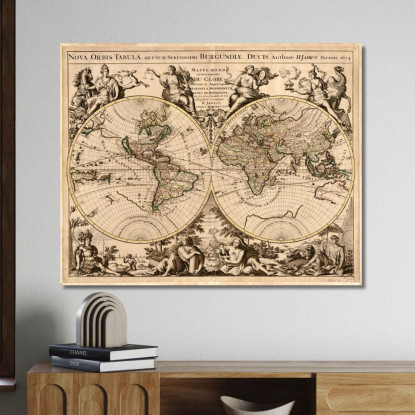 Quadro Mappa Storica Del Mondo Con Disegno Inciso E Decorazioni Mitologiche map48 quadro stampato su tela