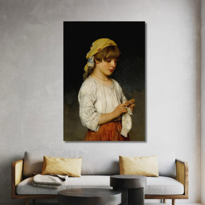 Ragazza Che Lavora A Maglia Con Fazzoletto Eugen von Blaas evb44 quadro stampato su tela