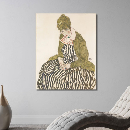 Edith Con Vestito A Righe Seduta Egon Schiele esh46 quadro stampato su tela