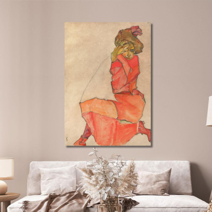 Donna Inginocchiata In Abito Arancione-Rosso Egon Schiele esh76 quadro stampato su tela