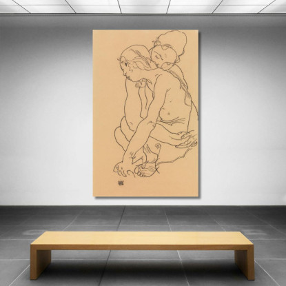 Donna E Ragazza Che Si Abbracciano Egon Schiele esh205 quadro stampato su tela