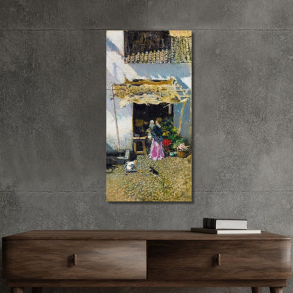 Giovane Donna Con Gonna Lilla Davanti A Una Bancarella Di Verdure Mariano Fortuny Marsal mfm26 quadro stampato su tela