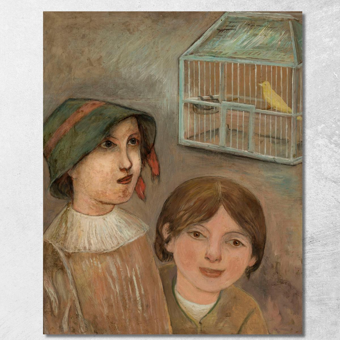 Due Bambine Accanto A Una Gabbia Con Un Canarino Tadeusz Makowski tmk190 quadro stampato su tela Due Bambine Accanto A Una Gabbia Con Un Canarino Tadeusz Makowski tmk190 quadro stampato su tela