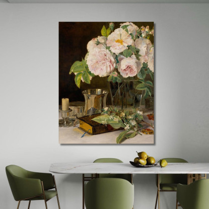 Rose In Un Bicchiere: Natura Morta Con Rose Candelabro E Coppa D'Argento Ferdinand Georg Waldmüller fgw95 quadro stampato su te