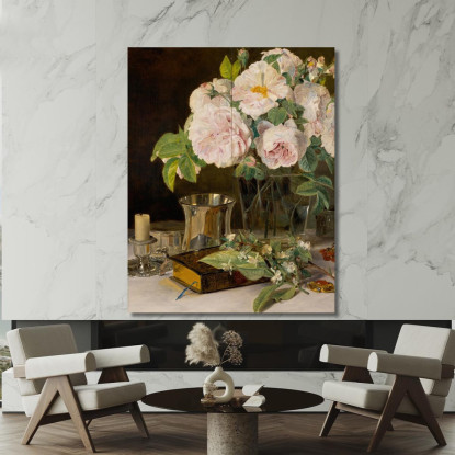 Rose In Un Bicchiere: Natura Morta Con Rose Candelabro E Coppa D'Argento Ferdinand Georg Waldmüller fgw95 quadro stampato su te