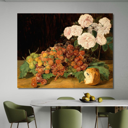Natura Morta Con Rose Fragole E Pane Ferdinand Georg Waldmüller fgw105 quadro stampato su tela