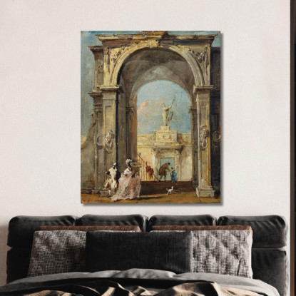 Un Capriccio Architettonico Con Figure Elegantemente Vestite E Un Cane All'Ingresso Di Un Palazzo Francesco Guardi fgr6 quadro
