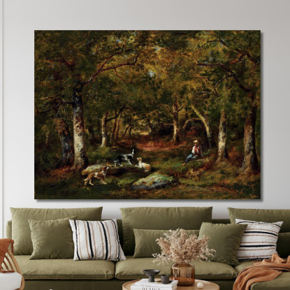 Bambino E Cani Da Caccia Nella Foresta Narcisse-Virgile Diaz de La Peña nvd19 quadro stampato su tela