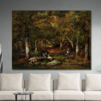 Bambino E Cani Da Caccia Nella Foresta Narcisse-Virgile Diaz de La Peña nvd19 quadro stampato su tela
