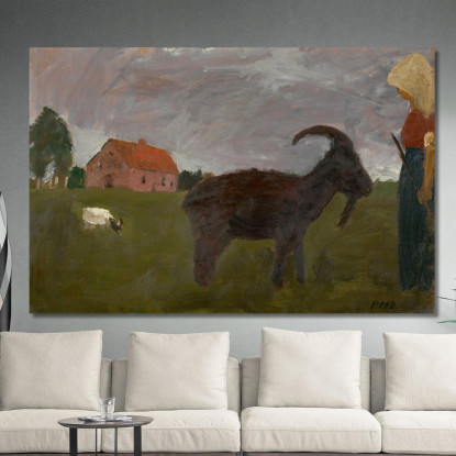 Contadina Con Due Capre Davanti A Una Fattoria Paula Modersohn-Becker pmb8 quadro stampato su tela