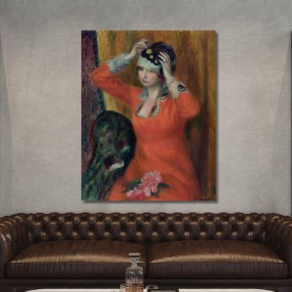 Ragazza In Vestito Rosso Che Si Mette Il Cappello William James Glackens wjg19 quadro stampato su tela