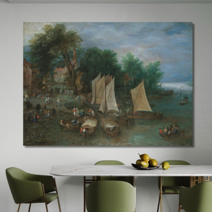 Un Molo Vicino A Un Villaggio Con Navi E Figure Jan Brueghel The Elder jbe1 quadro stampato su tela