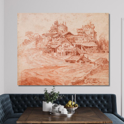Villaggio Fortificato Con Un Mastio E Una Chiesa Jean-Antoine Watteau jaw9 quadro stampato su tela