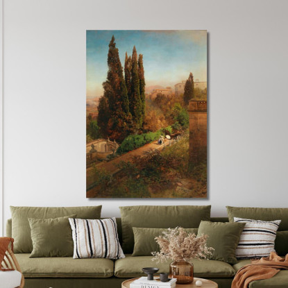 Una Vista Del Giardino Di Villa D'Este A Tivoli Vicino Roma Oswald Achenbach oac3 quadro stampato su tela