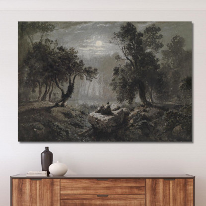 Un Paesaggio Forestale Romantico Al Chiaro Di Luna Oswald Achenbach oac15 quadro stampato su tela