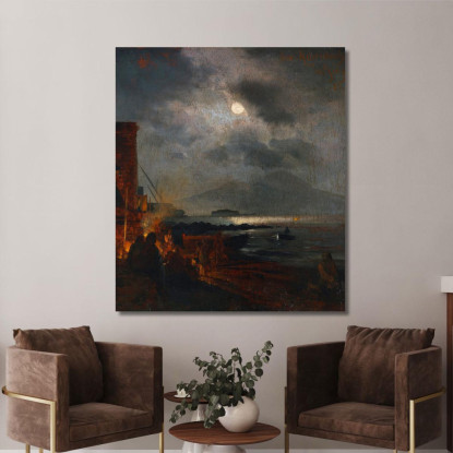 Pescatori Nella Baia Di Napoli Al Chiaro Di Luna Oswald Achenbach oac17 quadro stampato su tela