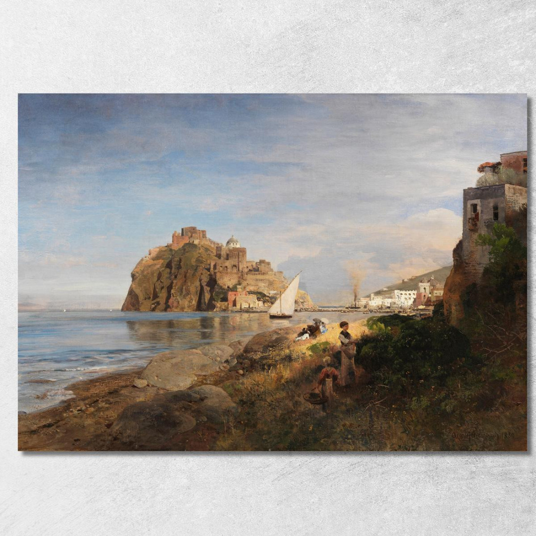 Ischia Con Vista Sul Castello Aragonese Oswald Achenbach oac24 quadro stampato su tela Ischia Con Vista Sul Castello Aragonese Oswald Achenbach oac24 quadro stampato su tela