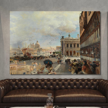 Venezia: Una Vista Della Piazzetta Con La Biblioteca Marciana Santa Maria Della Salute E La Dogana Oswald Achenbach oac34 quadr