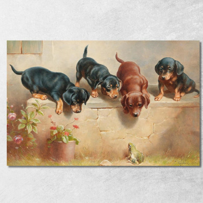 Cuccioli Di Bassotto Curiosi E Una Rana Carl Reichert crc18 quadro stampato su tela