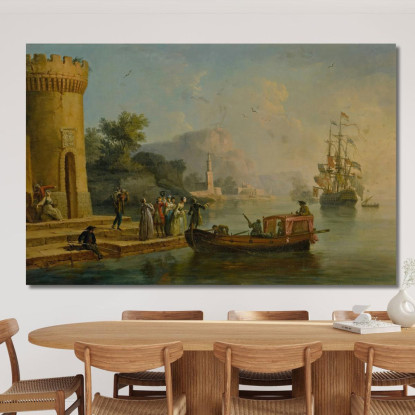 Veduta Di Un Porto Mediterraneo Con Un Gruppo Di Figure Sulla Riva E Una Grande Nave Sullo Sfondo Claude-Joseph Vernet cjv40 qu