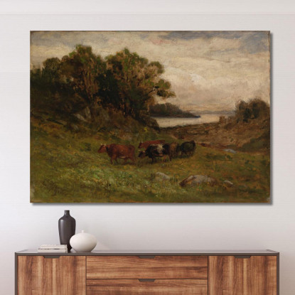 Cinque Mucche Al Pascolo Con Alberi E Fiume Sullo Sfondo Edward Mitchell Bannister emb40 quadro stampato su tela
