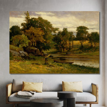 Paesaggio Barca Ormeggiata Vicino Al Ruscello Uomo Che Cammina In Primo Piano Edward Mitchell Bannister emb53 quadro stampato s