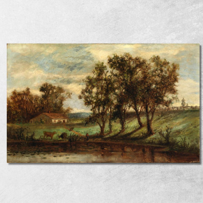 Uomo Con Mucche Al Pascolo Vicino Allo Stagno Con Casa E Alberi Sullo Sfondo Edward Mitchell Bannister emb61 quadro stampato su