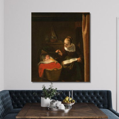 Giovane Donna Accanto A Una Culla Nicolaes Maes nma43 quadro stampato su tela