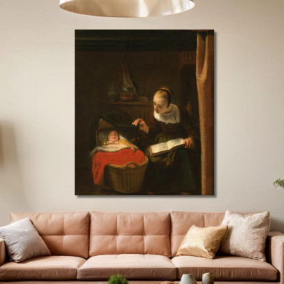 Giovane Donna Accanto A Una Culla Nicolaes Maes nma43 quadro stampato su tela