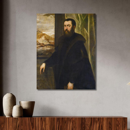 Ritratto Di Un Uomo Con Vista Sul Paesaggio Jacopo Tintoretto jtn20 quadro stampato su tela