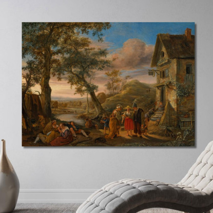 Una Chiromante E Contadini Davanti A Un'Osteria Con Un Paesaggio Fluviale Sullo Sfondo Jan Steen jsn2 quadro stampato su tela
