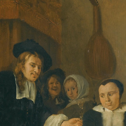 Un Gentiluomo Offre A Una Donna Un Bicchiere Di Vino Con Una Coppia Che Fa Musica E Altri Cittadini In Un Interno Jan Steen jsn