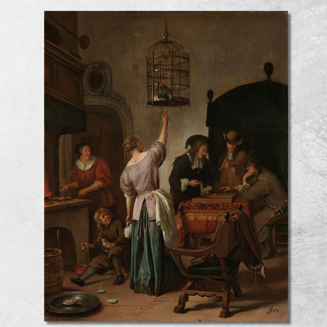 Interno Con Una Donna Che Dà Da Mangiare A Un Pappagallo Noto Come 'La Gabbia Del Pappagallo' Jan Steen jsn34 quadro stampato s Interno Con Una Donna Che Dà Da Mangiare A Un Pappagallo Noto Come 'La Gabbia Del Pappagallo' Jan Steen jsn34 quadro stampato s