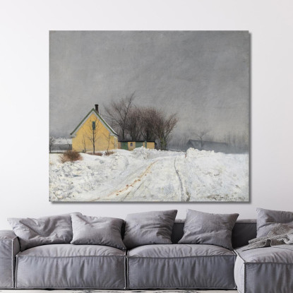 Giornata Invernale Nebbiosa. A Sinistra Una Casa Gialla. Neve Profonda. Laurits Andersen Ring lar13 quadro stampato su tela