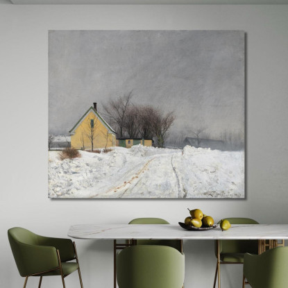 Giornata Invernale Nebbiosa. A Sinistra Una Casa Gialla. Neve Profonda. Laurits Andersen Ring lar13 quadro stampato su tela