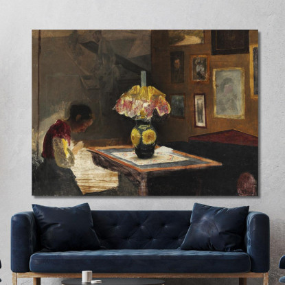 La Moglie Dell'Artista Sigrid Che Cuce Alla Luce Della Lampada. Karrebæksminde Laurits Andersen Ring lar23 quadro stampato su