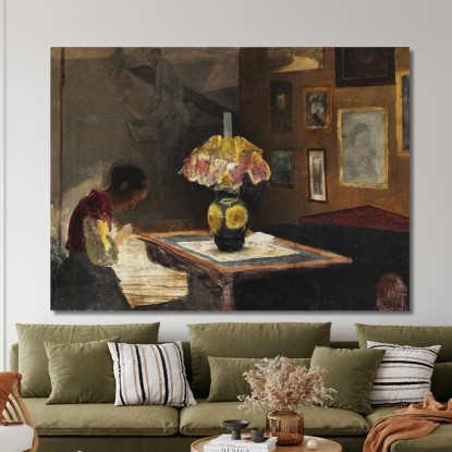 La Moglie Dell'Artista Sigrid Che Cuce Alla Luce Della Lampada. Karrebæksminde Laurits Andersen Ring lar23 quadro stampato su