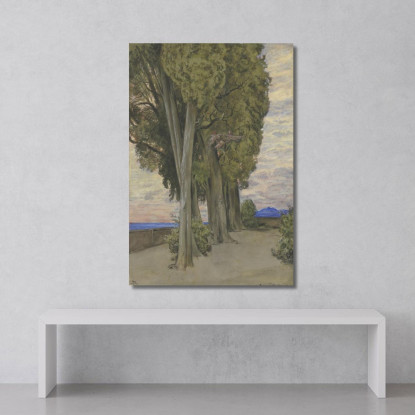 Cipressi Nella Villa D'Este Sotto Le Chiome Degli Alberi Una Danza Di Tre Putti Hans Thoma hth89 quadro stampato su tela
