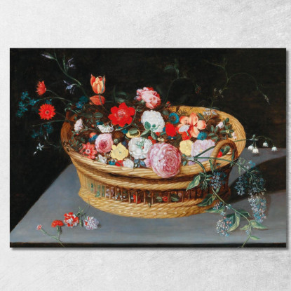 Un Cesto Con Fiori Primaverili Su Un Tavolo Di Pietra Jan Brueghel the Younger jby3 quadro stampato su tela