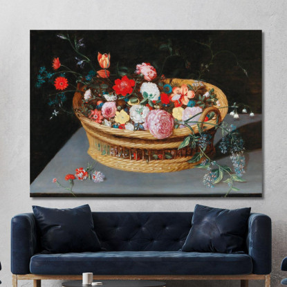 Un Cesto Con Fiori Primaverili Su Un Tavolo Di Pietra Jan Brueghel the Younger jby3 quadro stampato su tela