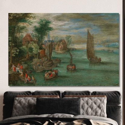 Paesaggio Fluviale Con Traghetti E Barche A Vela Jan Brueghel the Younger jby5 quadro stampato su tela