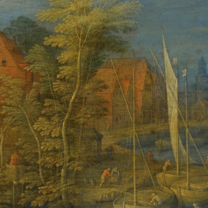 Una Città Sulle Rive Di Un Ampio Fiume Con Un Traghetto Carico Che Si Avvicina Alla Riva In Primo Piano Jan Brueghel the Younge