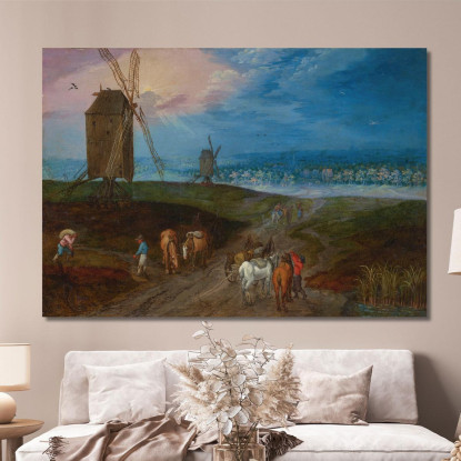 Ampio Paesaggio Con Viaggiatori Davanti A Un Mulino A Vento Jan Brueghel the Younger jby14 quadro stampato su tela